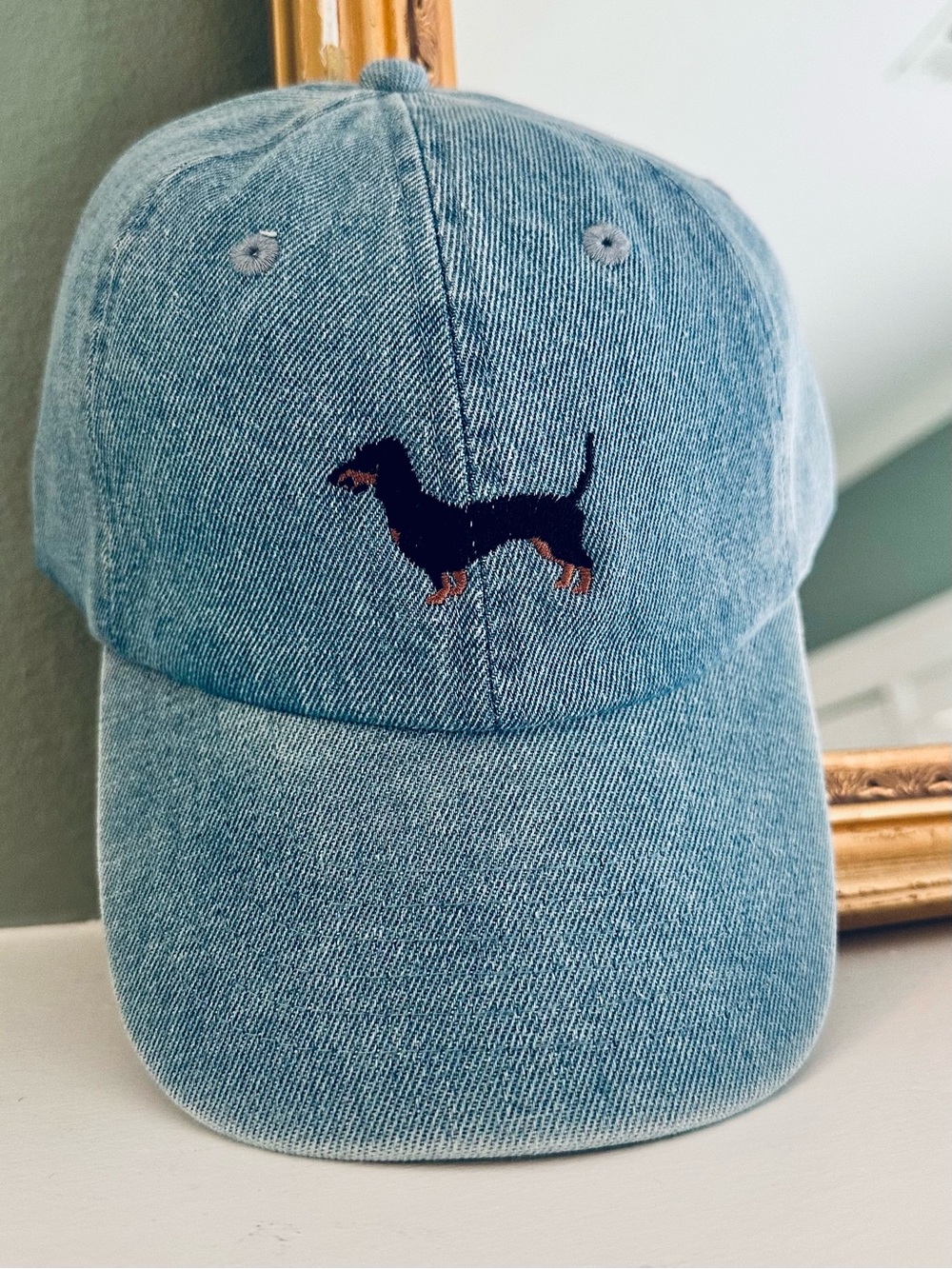Light Blue Denim Baseball Cap with Embroidered Dachshund - Women’s Hat